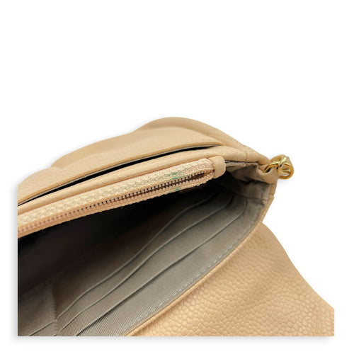 Half Moon Wallet On Chain Beige in Caviar Leather, Gold hardware