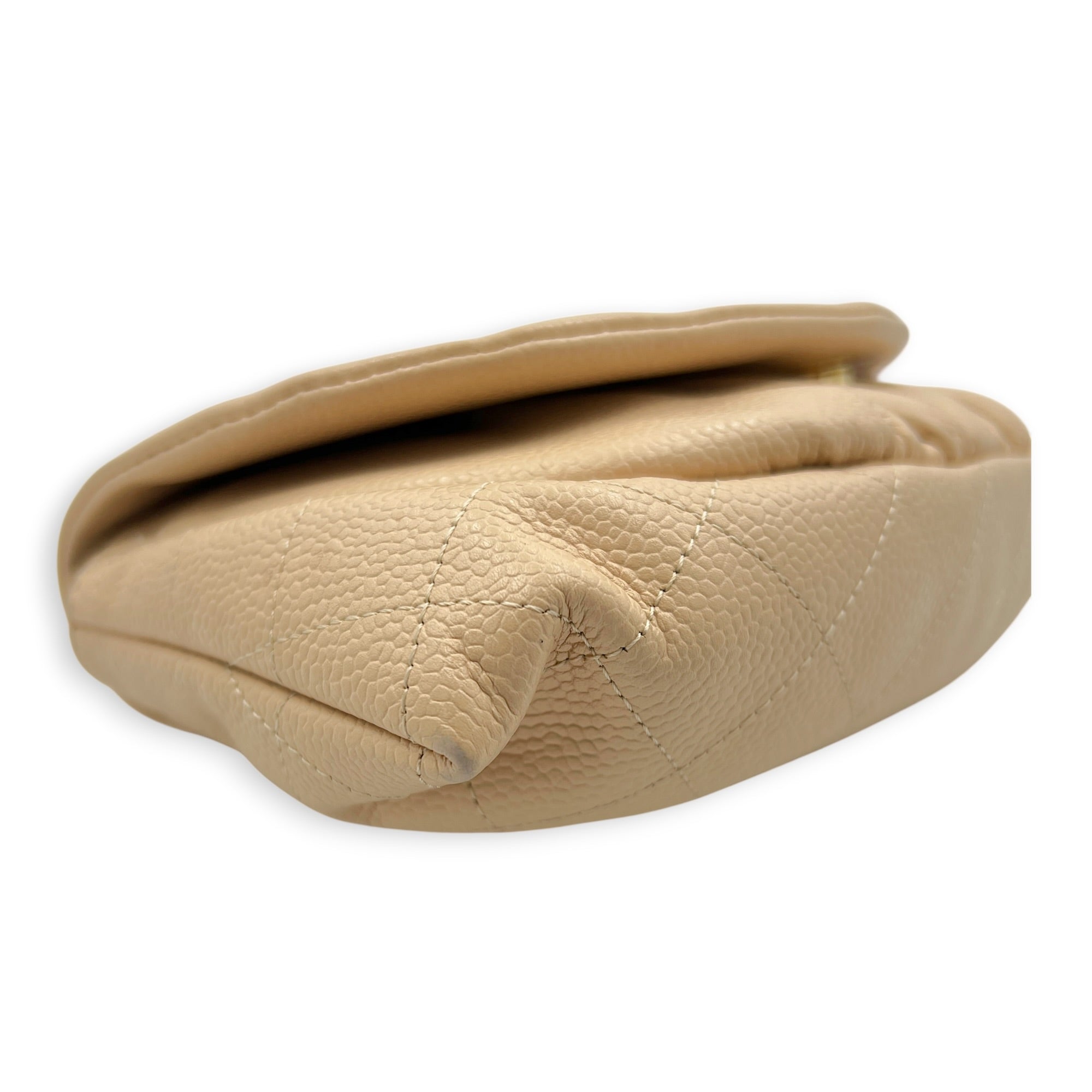 Half Moon Wallet On Chain Beige in Caviar Leather, Gold hardware