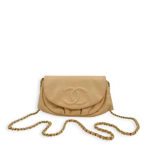 Half Moon Wallet On Chain Beige in Caviar Leather, Gold hardware