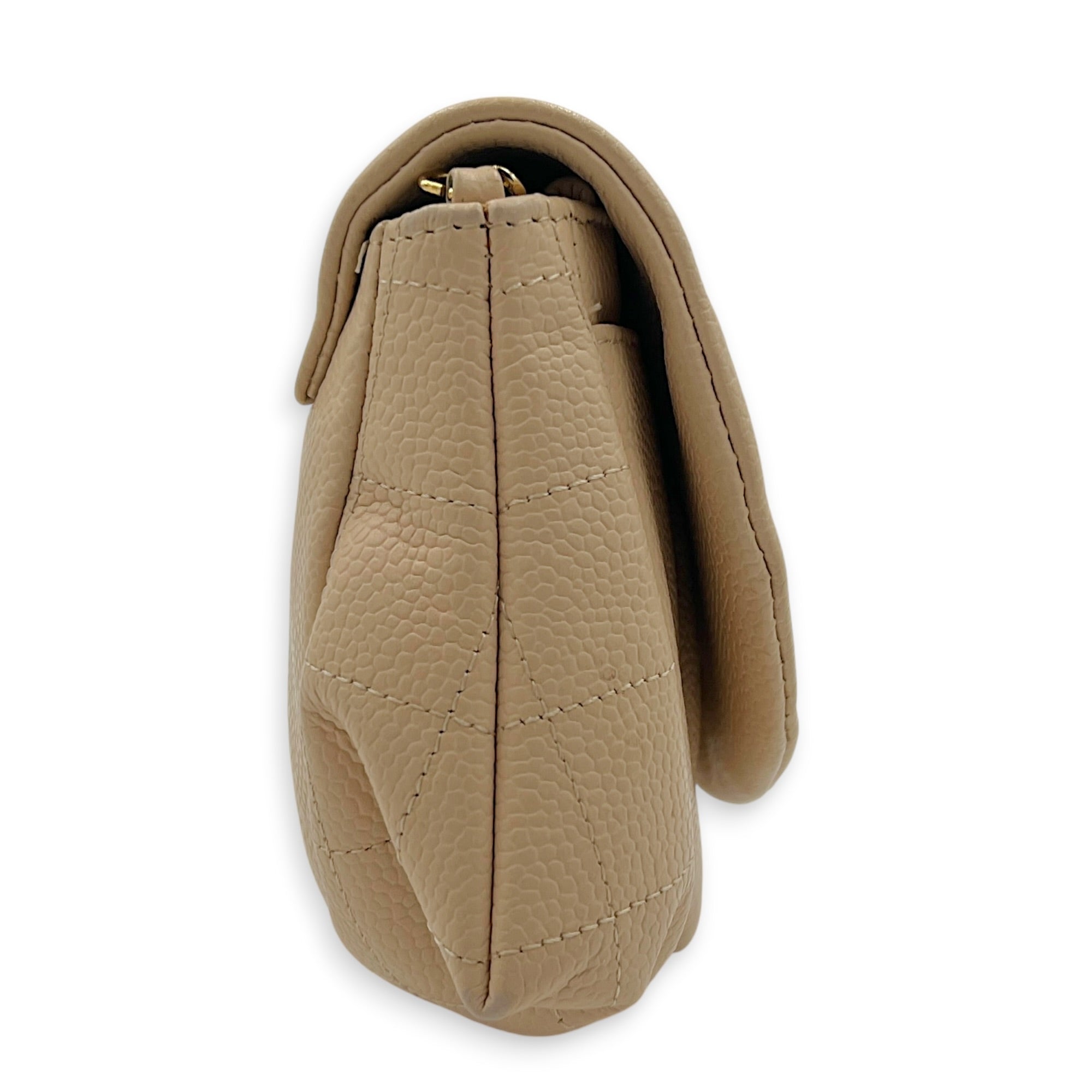 Half Moon Wallet On Chain Beige in Caviar Leather, Gold hardware