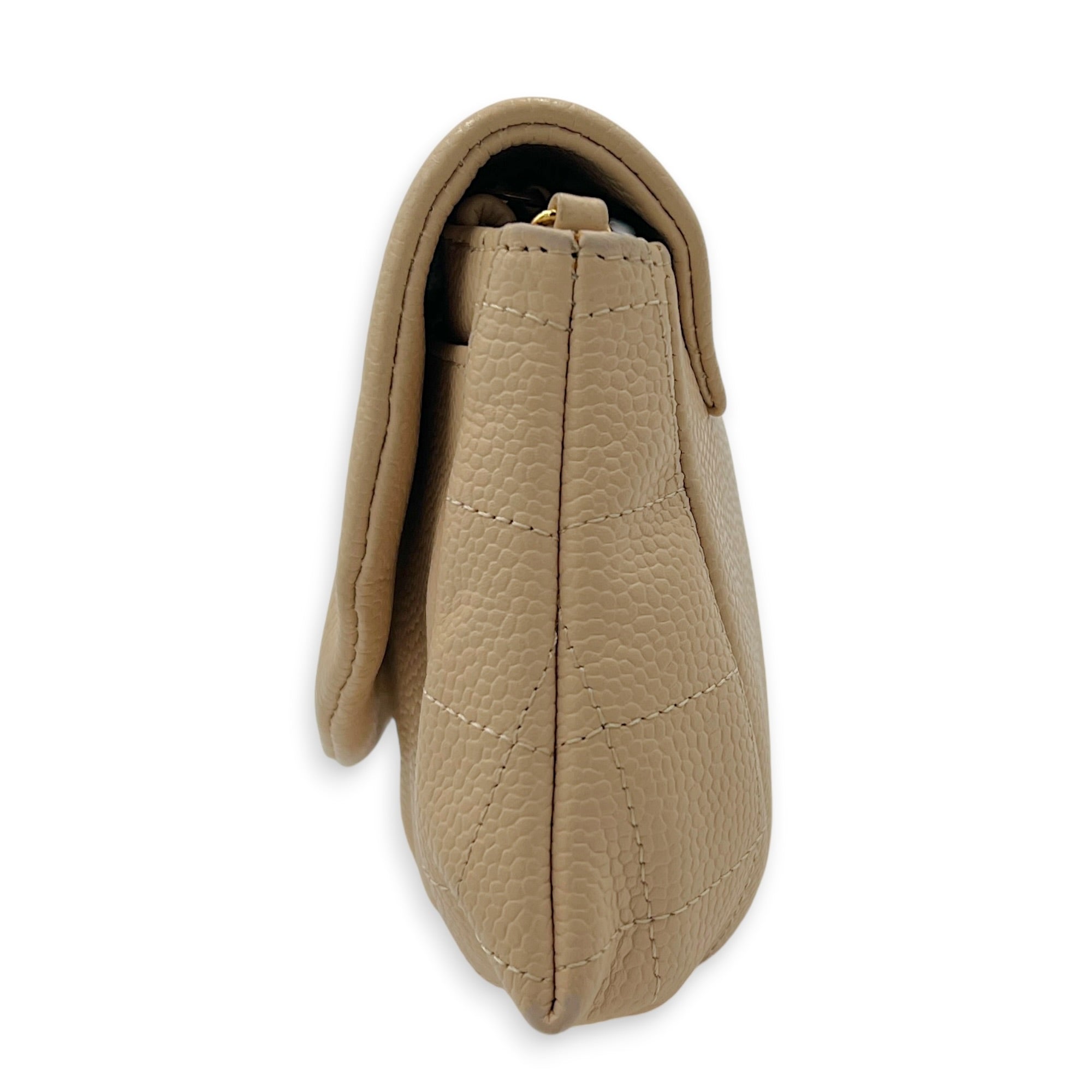 Half Moon Wallet On Chain Beige in Caviar Leather, Gold hardware