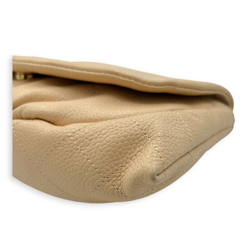 Half Moon Wallet On Chain Beige in Caviar Leather, Gold hardware
