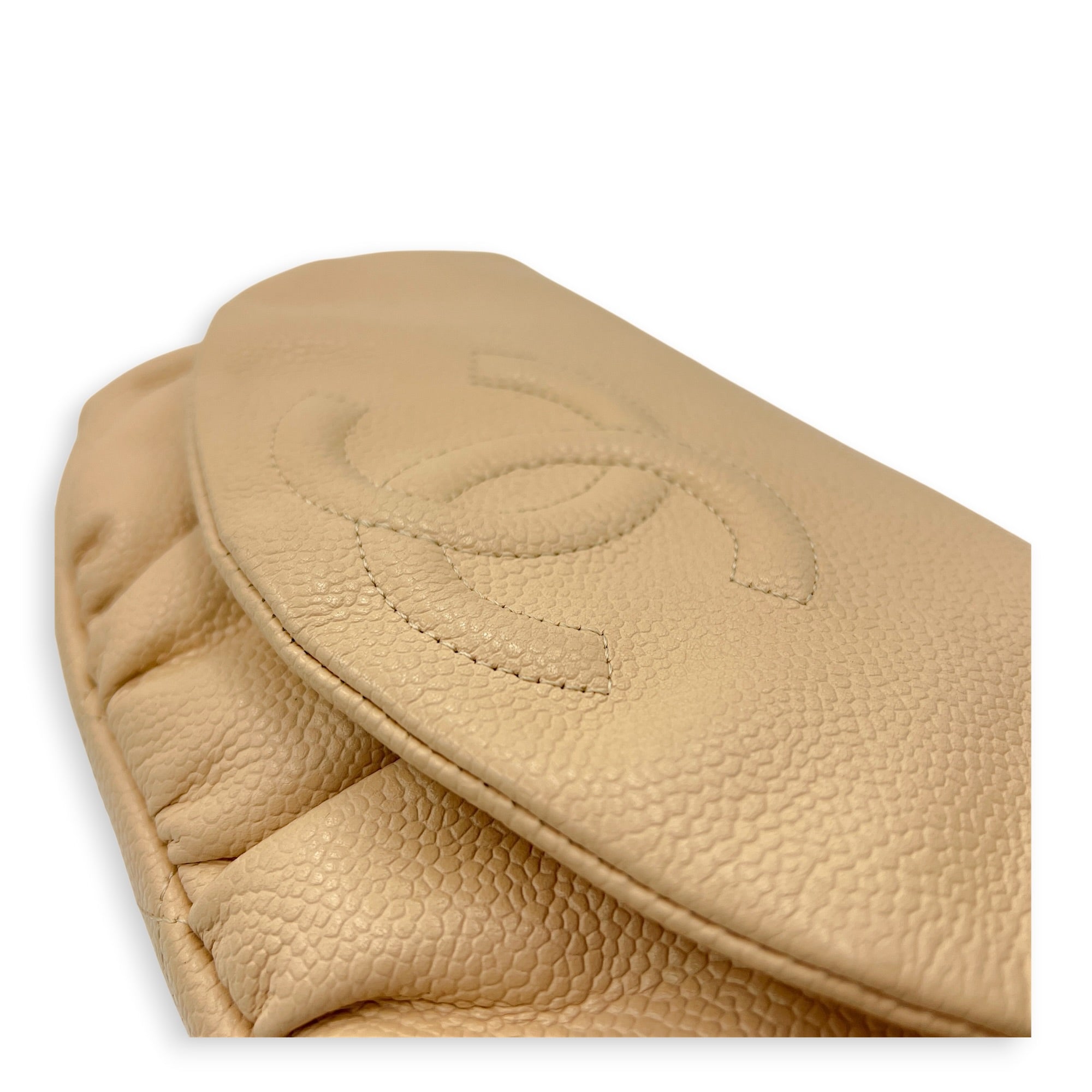 Half Moon Wallet On Chain Beige in Caviar Leather, Gold hardware