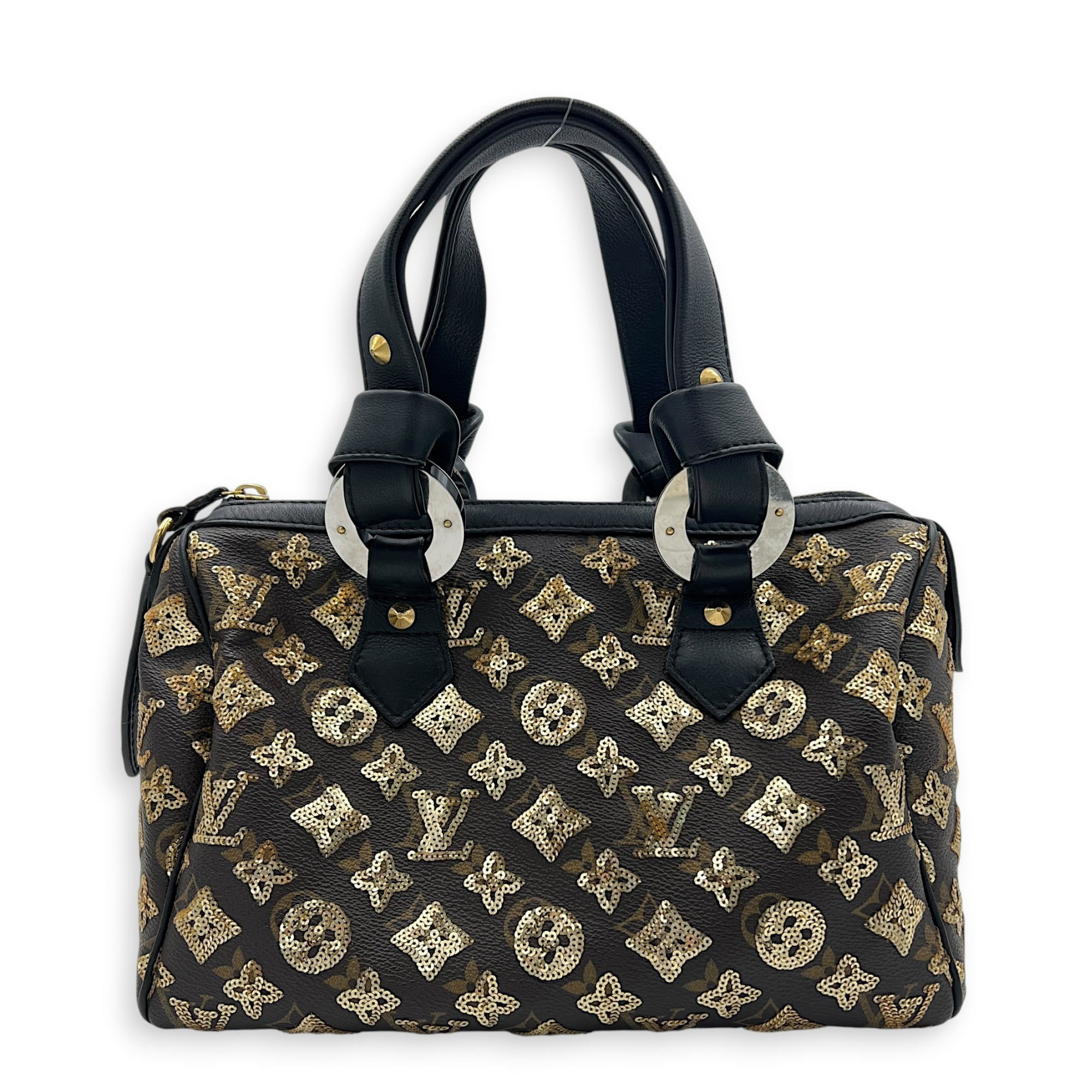 Sequins Eclipse Speedy 28 Black Top Handle Bag in Monogram Coated Canvas, Silver hardware