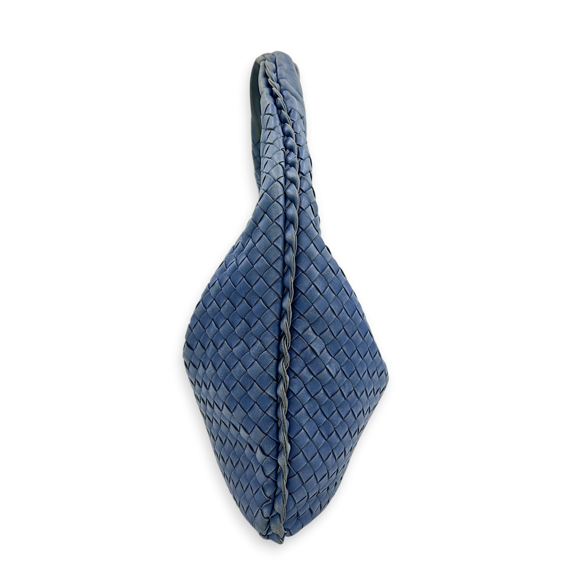Intrecciato Hobo Blue Shoulder Bag in Lambskin, Gold hardware
