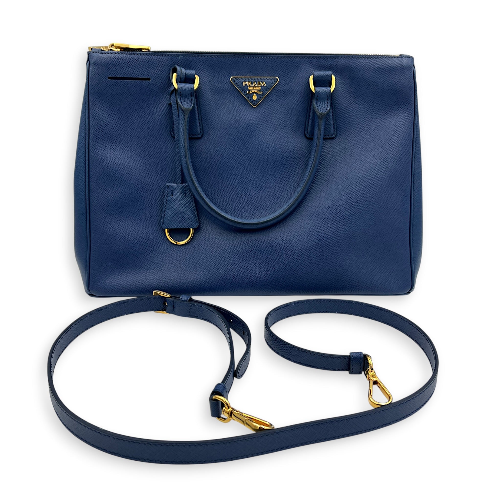 Galleria Top Handle Bag Blue in Saffiano Leather, Gold hardware