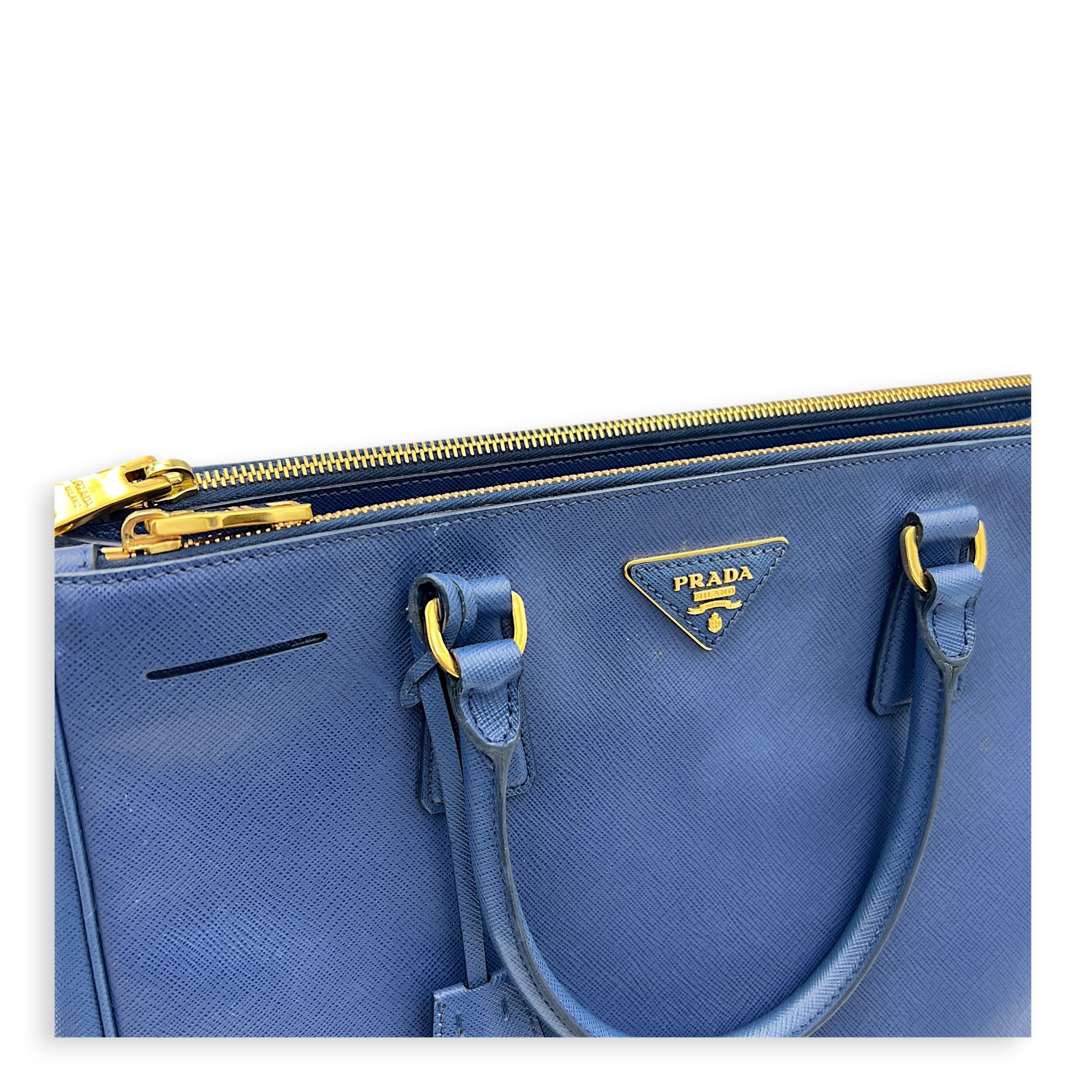 Galleria Top Handle Bag Blue in Saffiano Leather, Gold hardware