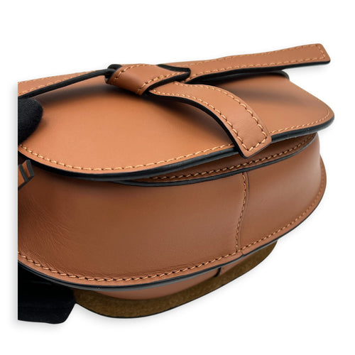 Gate Mini Brown Crossbody Bag in Calfskin, Gold hardware
