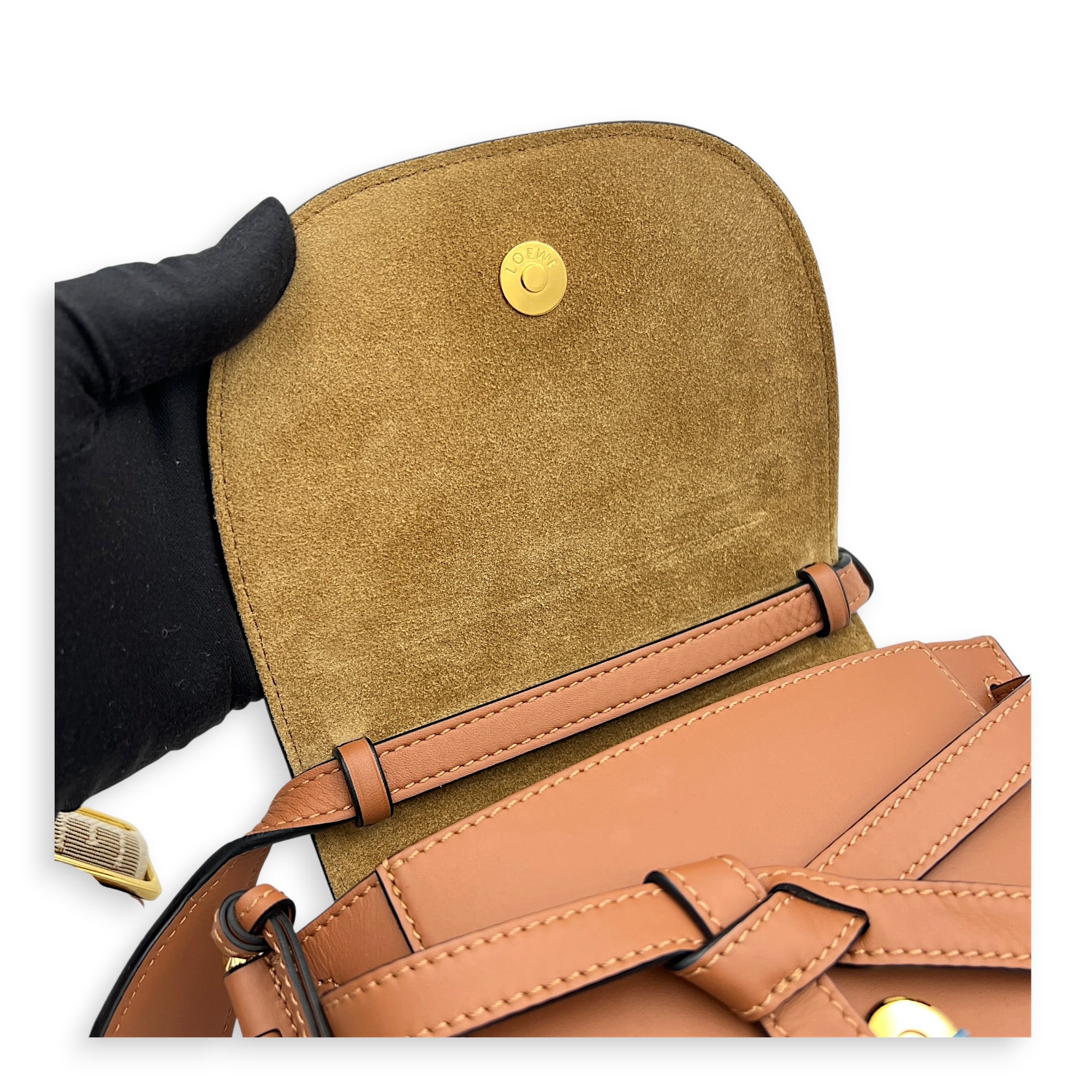 Gate Mini Brown Crossbody Bag in Calfskin, Gold hardware