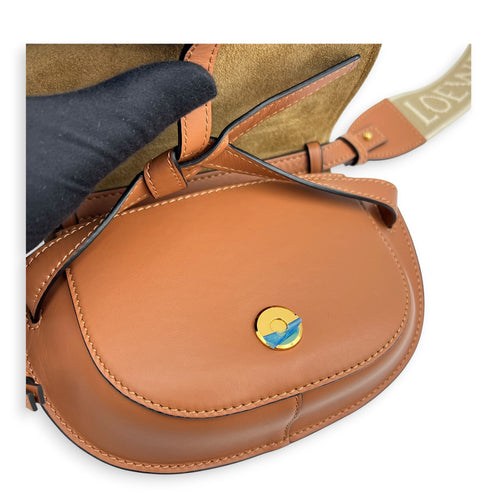 Gate Mini Brown Crossbody Bag in Calfskin, Gold hardware