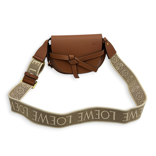 Gate Mini Brown Crossbody Bag in Calfskin, Gold hardware