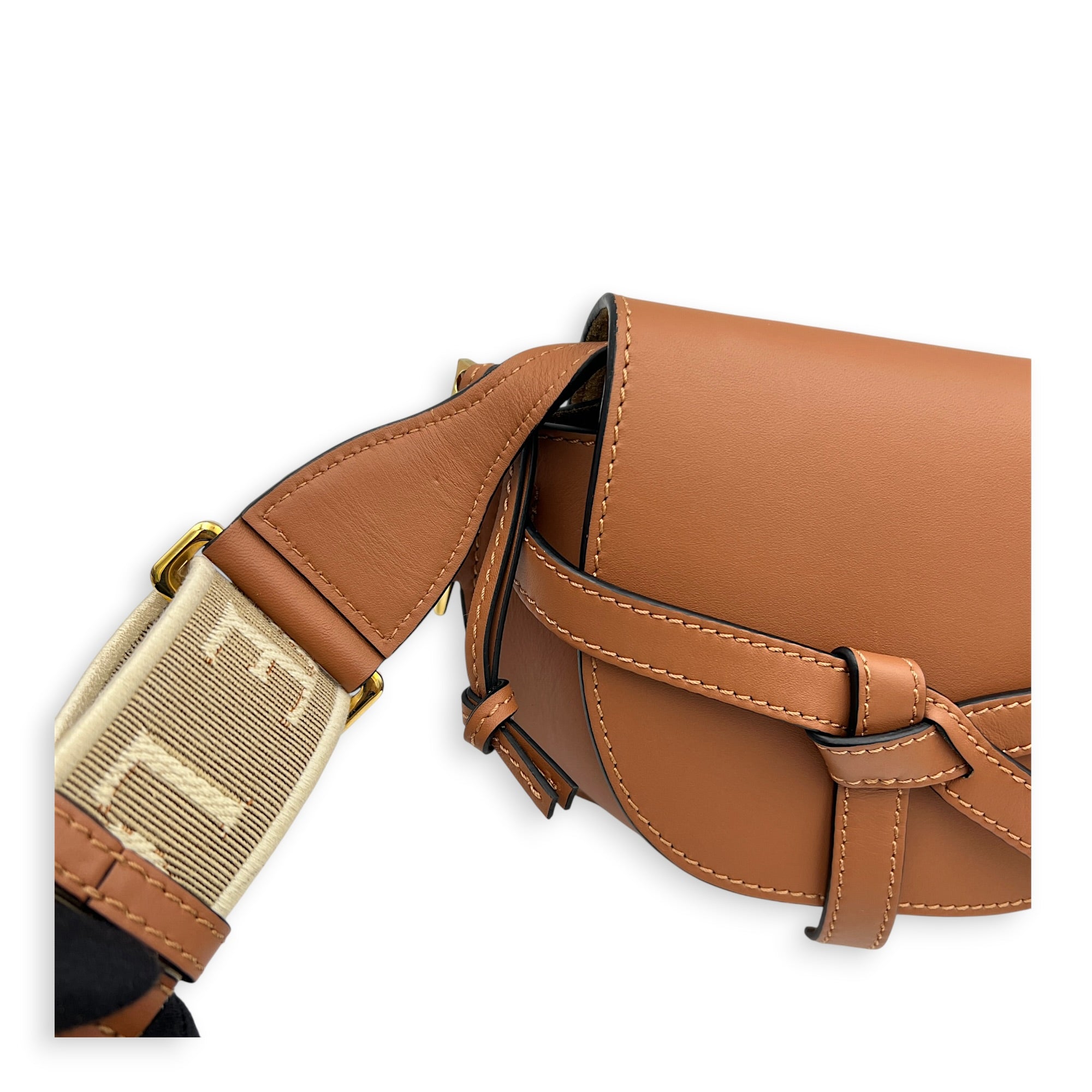 Gate Mini Brown Crossbody Bag in Calfskin, Gold hardware