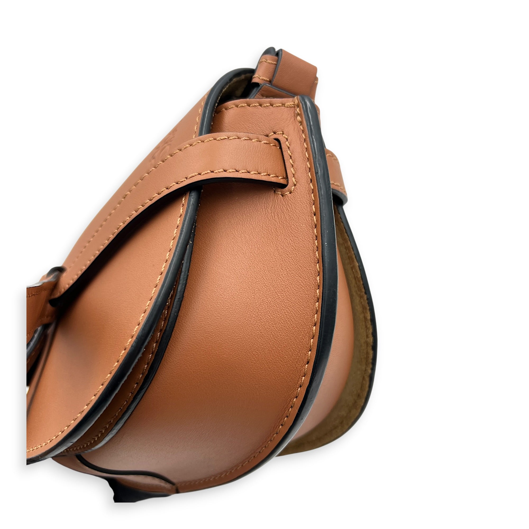 Gate Mini Brown Crossbody Bag in Calfskin, Gold hardware