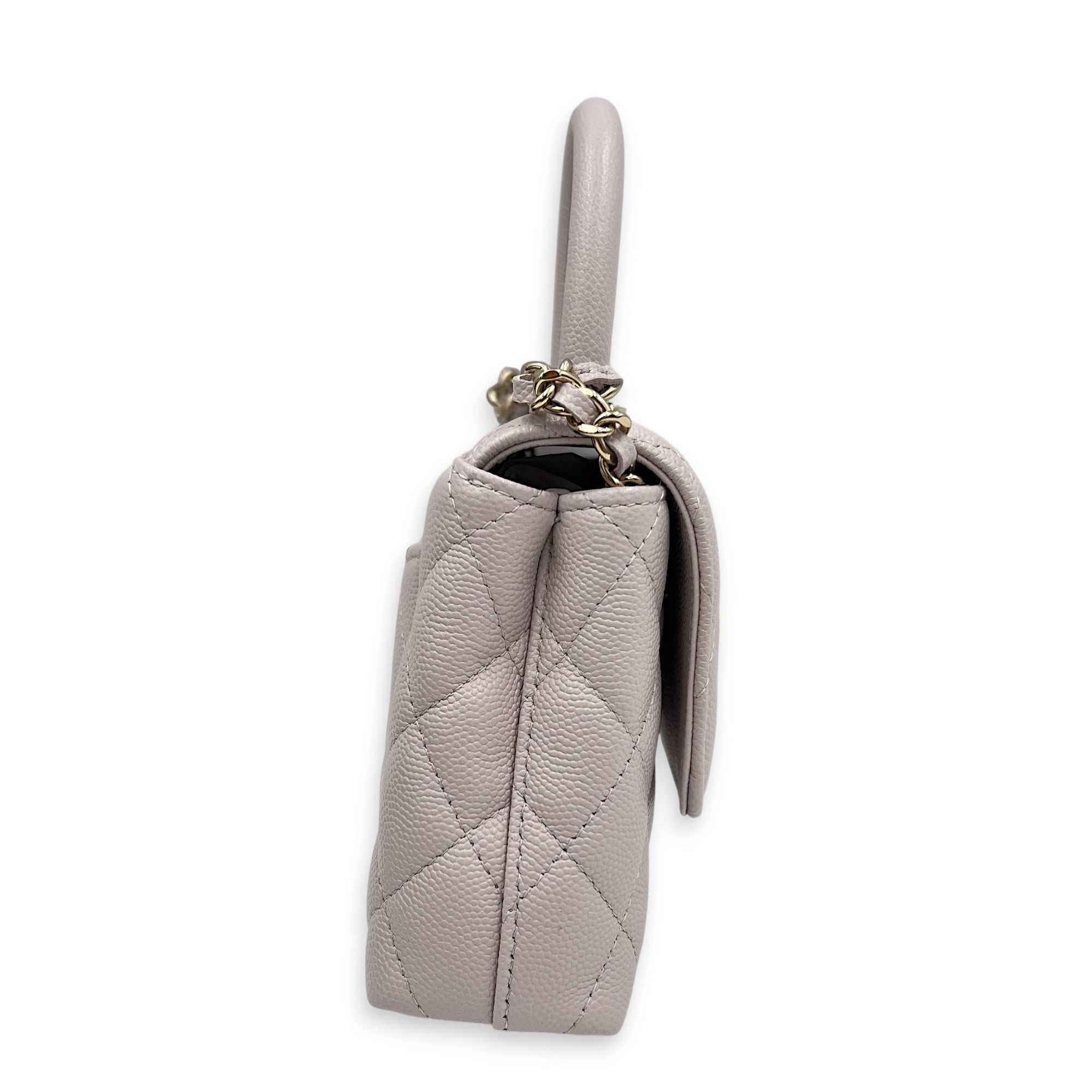 Coco Handle Quilted Super Mini Lilac Top Handle Bag in Caviar Leather, Gold hardware