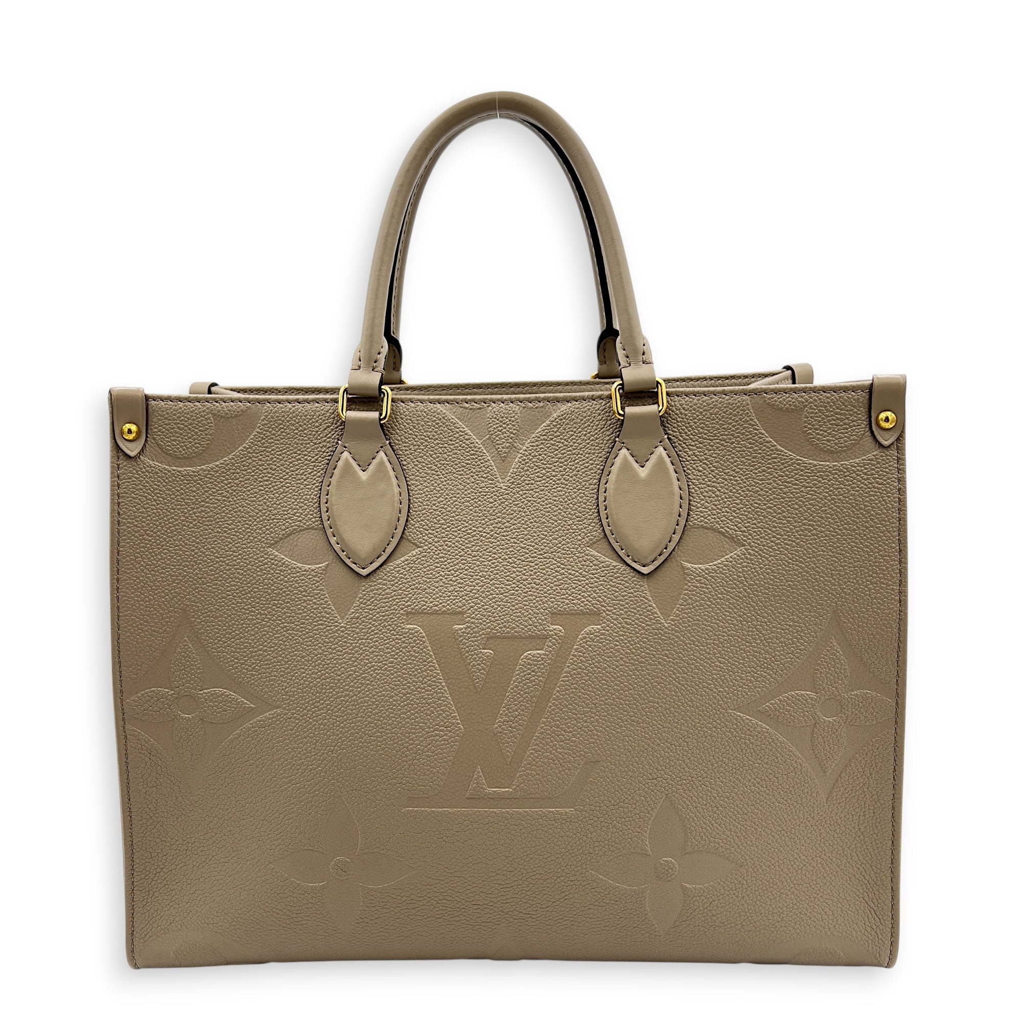 OnTheGo MM Beige Top Handle Bag in Empreinte Leather, Gold hardware