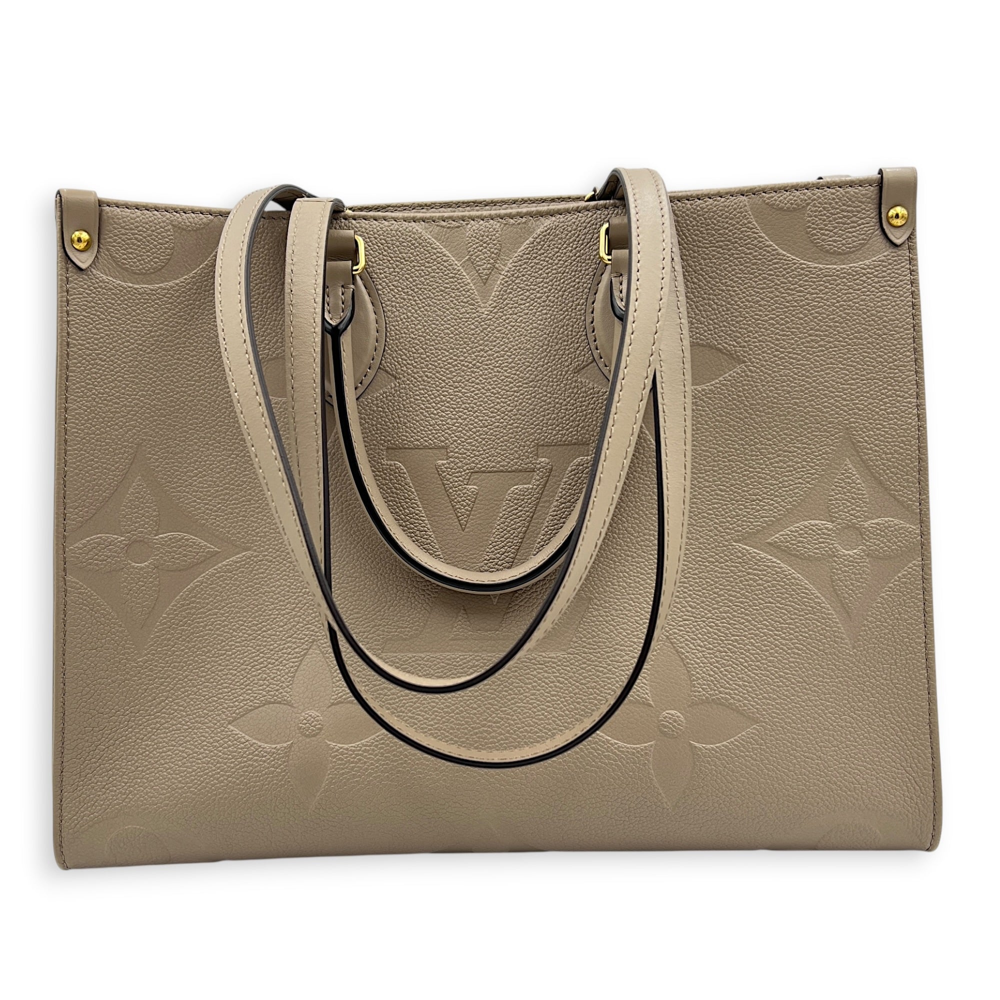 OnTheGo MM Beige Top Handle Bag in Empreinte Leather, Gold hardware