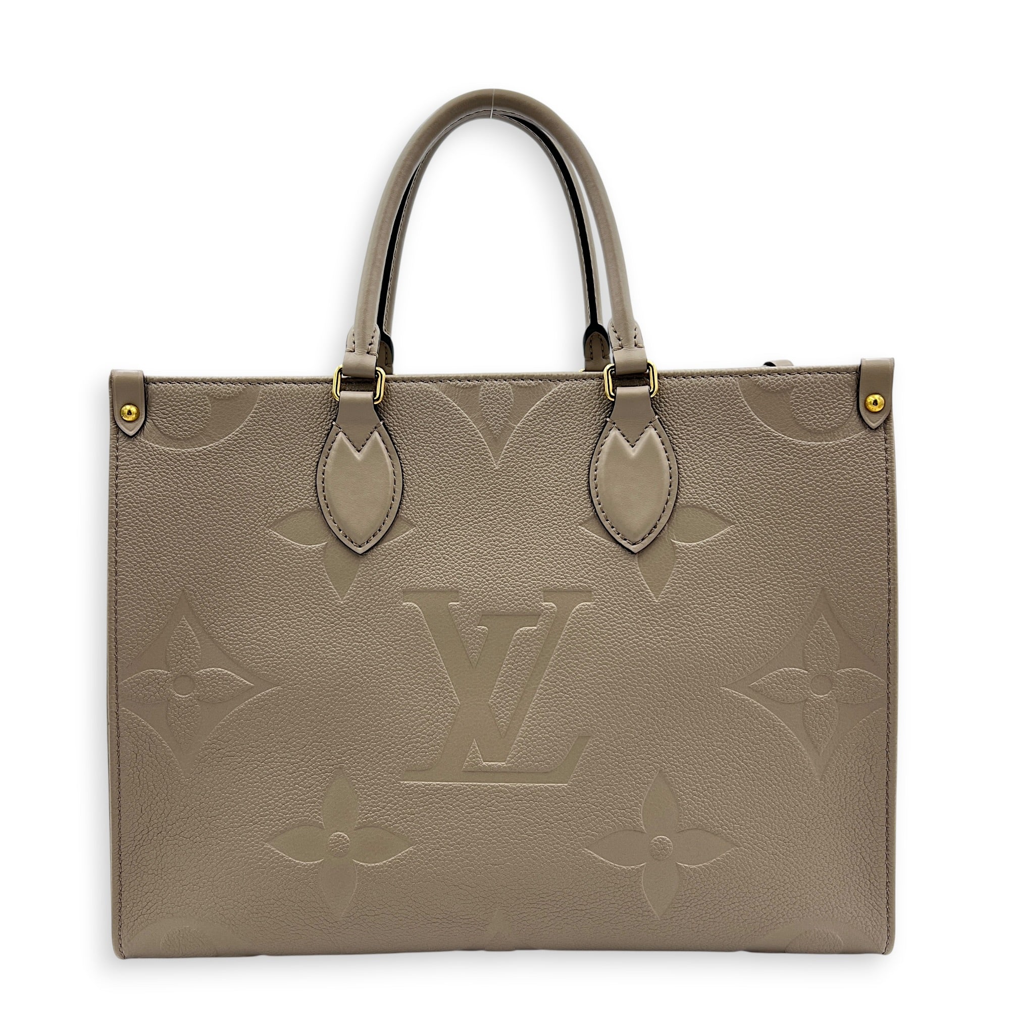 OnTheGo MM Beige Top Handle Bag in Empreinte Leather, Gold hardware