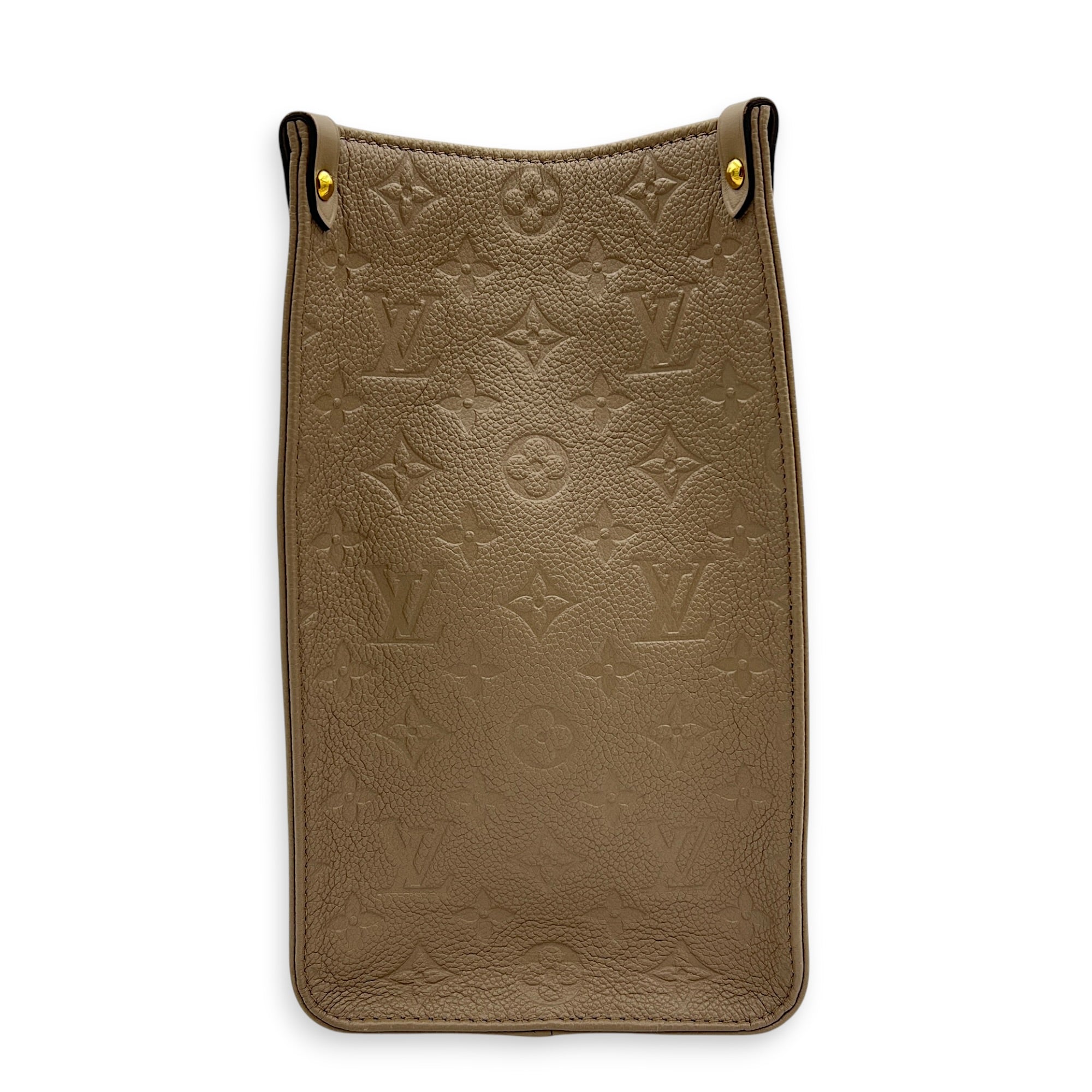 OnTheGo MM Beige Top Handle Bag in Empreinte Leather, Gold hardware