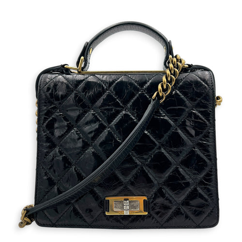Rita Black Top Handle Bag in Waxed Calfskin, Gold hardware