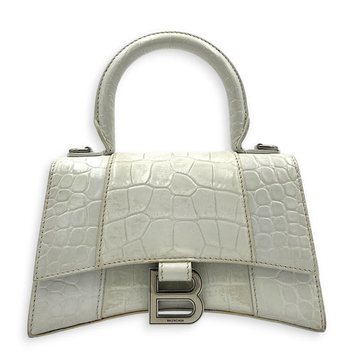 Hourglass Top Handle Bag White in Crocodile Embossed Calfskin, Silver hardware