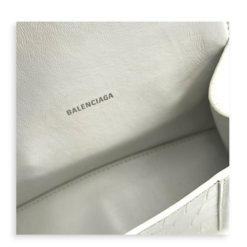 Hourglass Top Handle Bag White in Crocodile Embossed Calfskin, Silver hardware