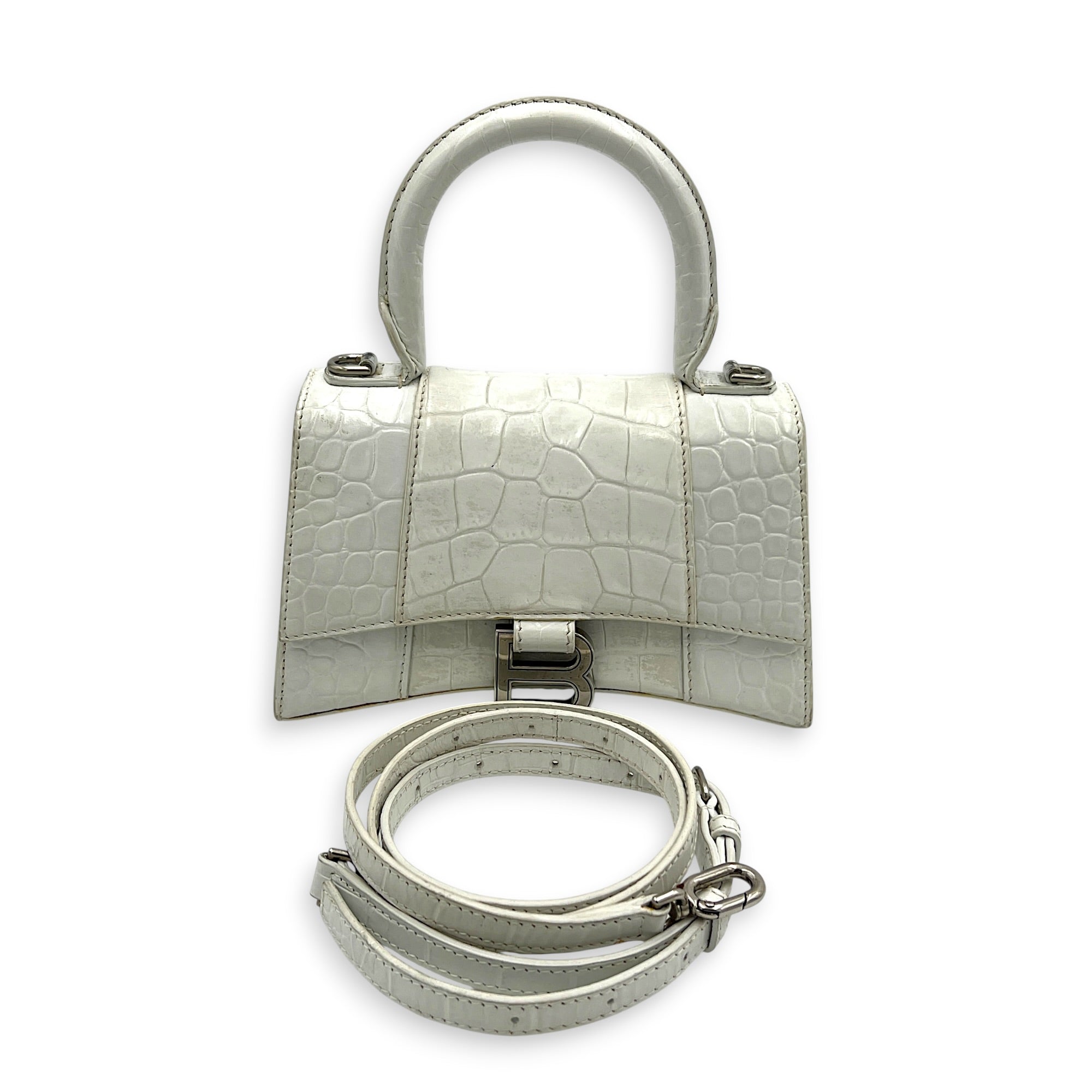 Hourglass Top Handle Bag White in Crocodile Embossed Calfskin, Silver hardware