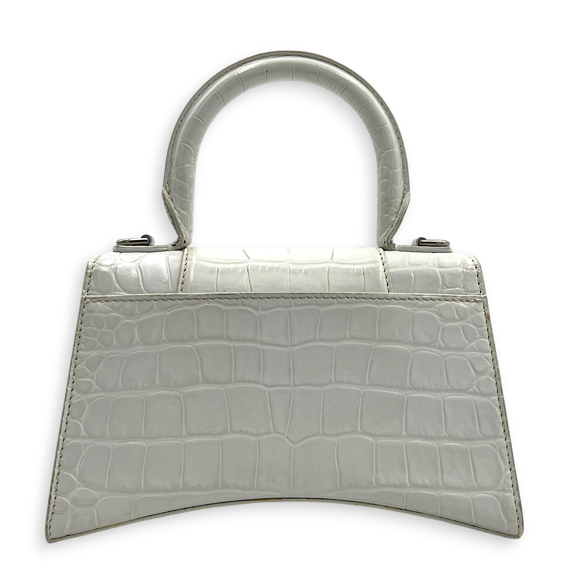 Hourglass Top Handle Bag White in Crocodile Embossed Calfskin, Silver hardware