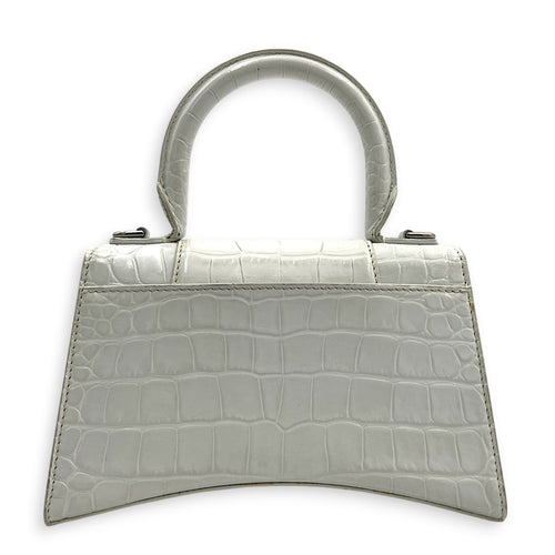 Hourglass Top Handle Bag White in Crocodile Embossed Calfskin, Silver hardware