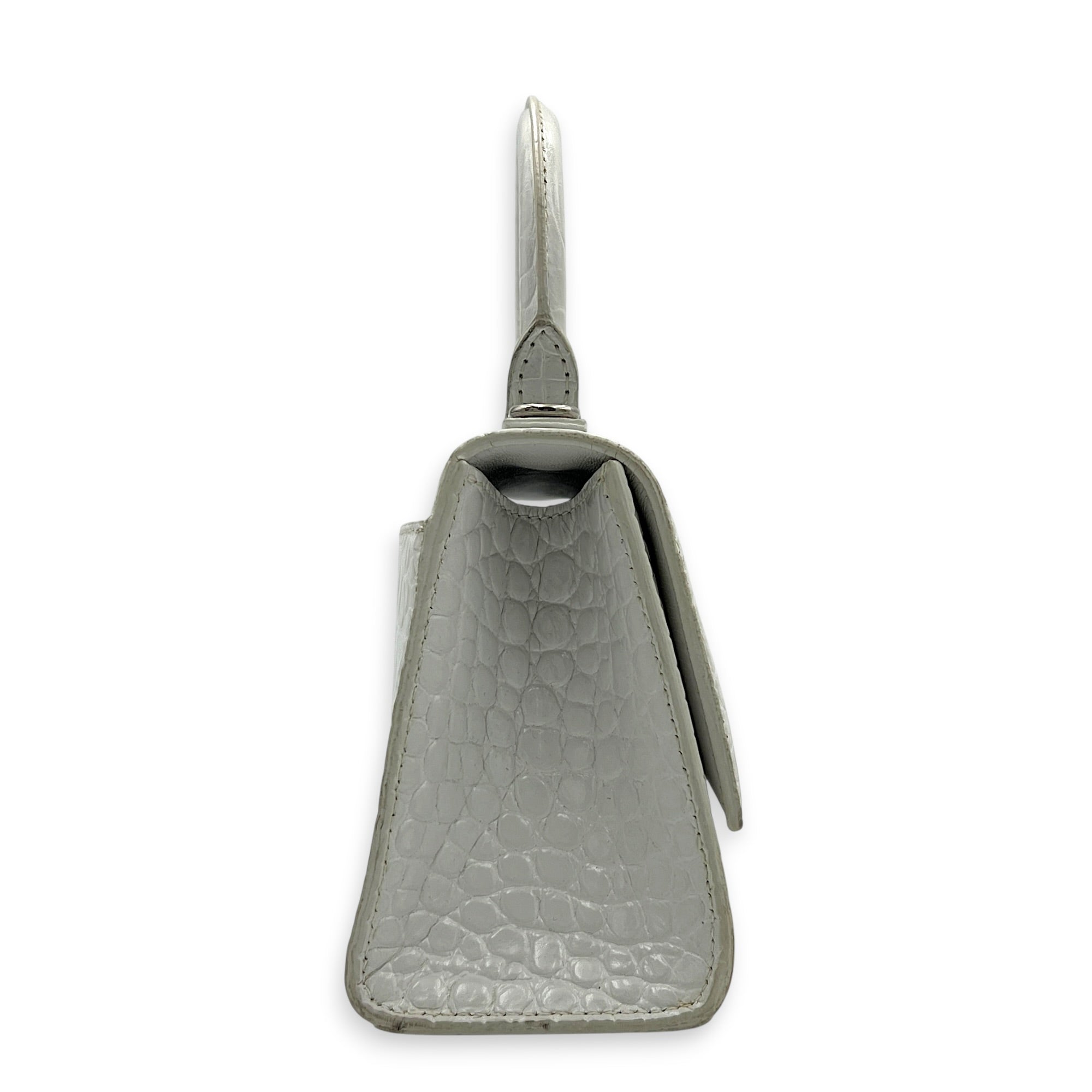 Hourglass Top Handle Bag White in Crocodile Embossed Calfskin, Silver hardware
