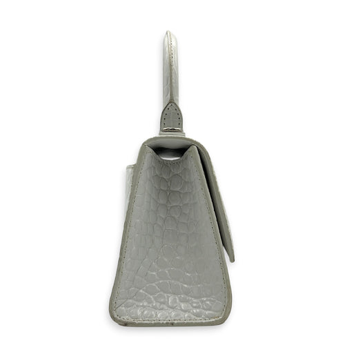 Hourglass Top Handle Bag White in Crocodile Embossed Calfskin, Silver hardware