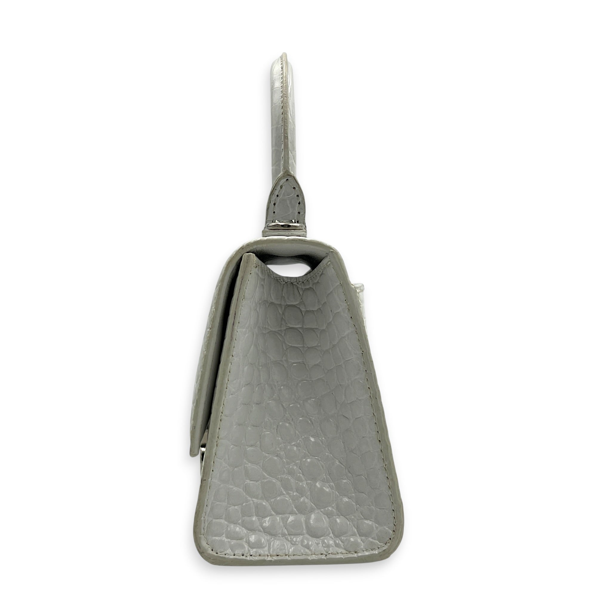 Hourglass Top Handle Bag White in Crocodile Embossed Calfskin, Silver hardware