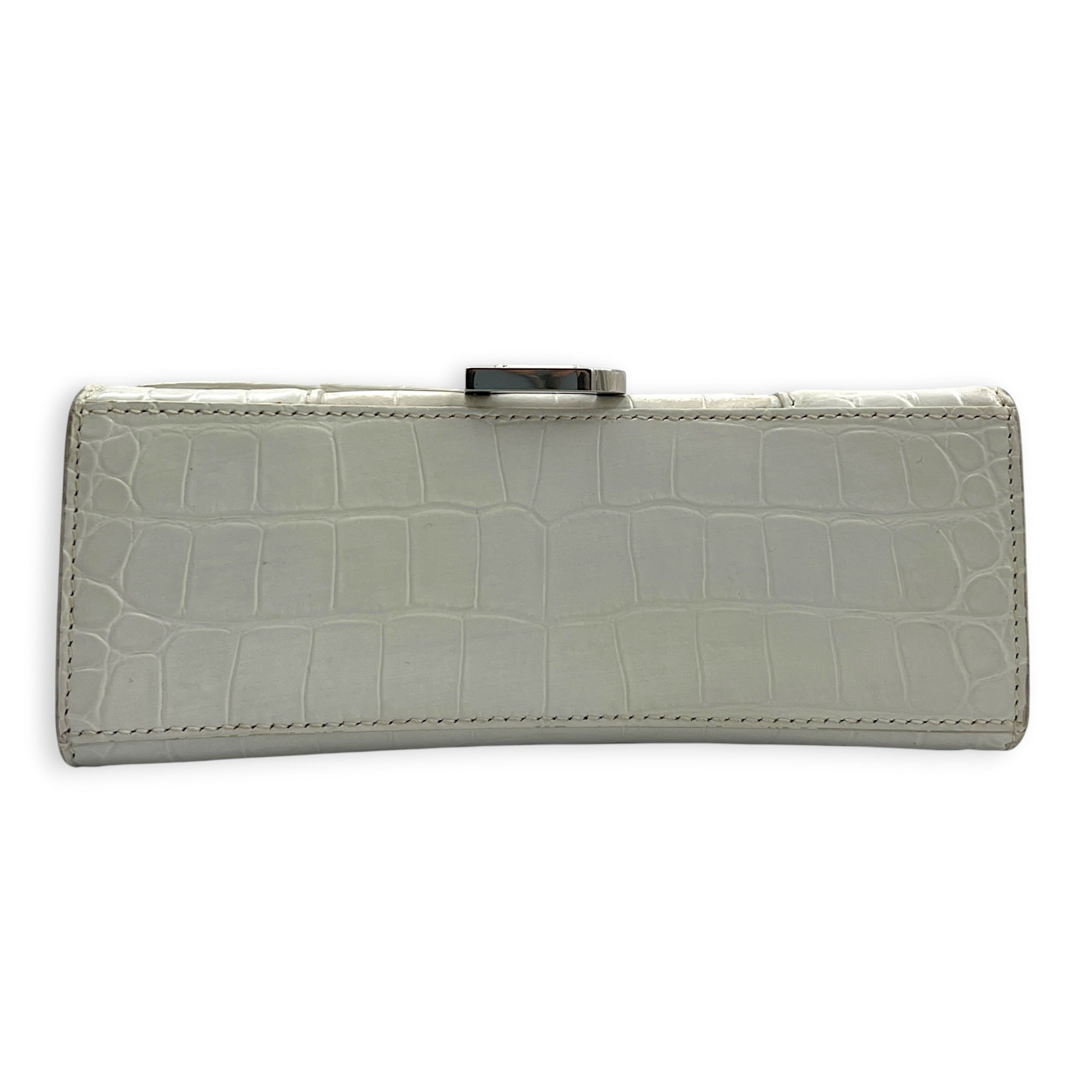 Hourglass Top Handle Bag White in Crocodile Embossed Calfskin, Silver hardware