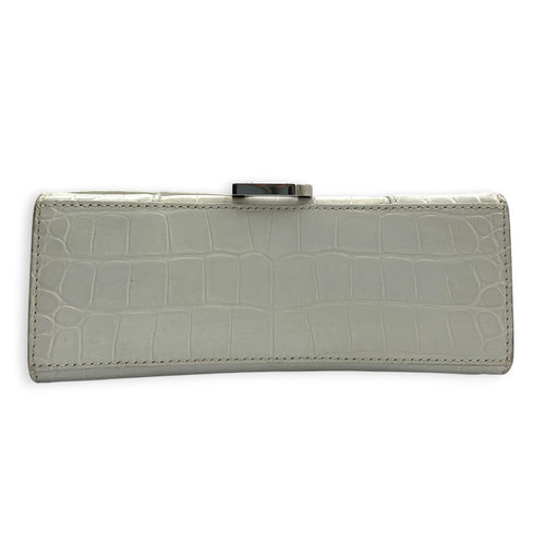 Hourglass Top Handle Bag White in Crocodile Embossed Calfskin, Silver hardware