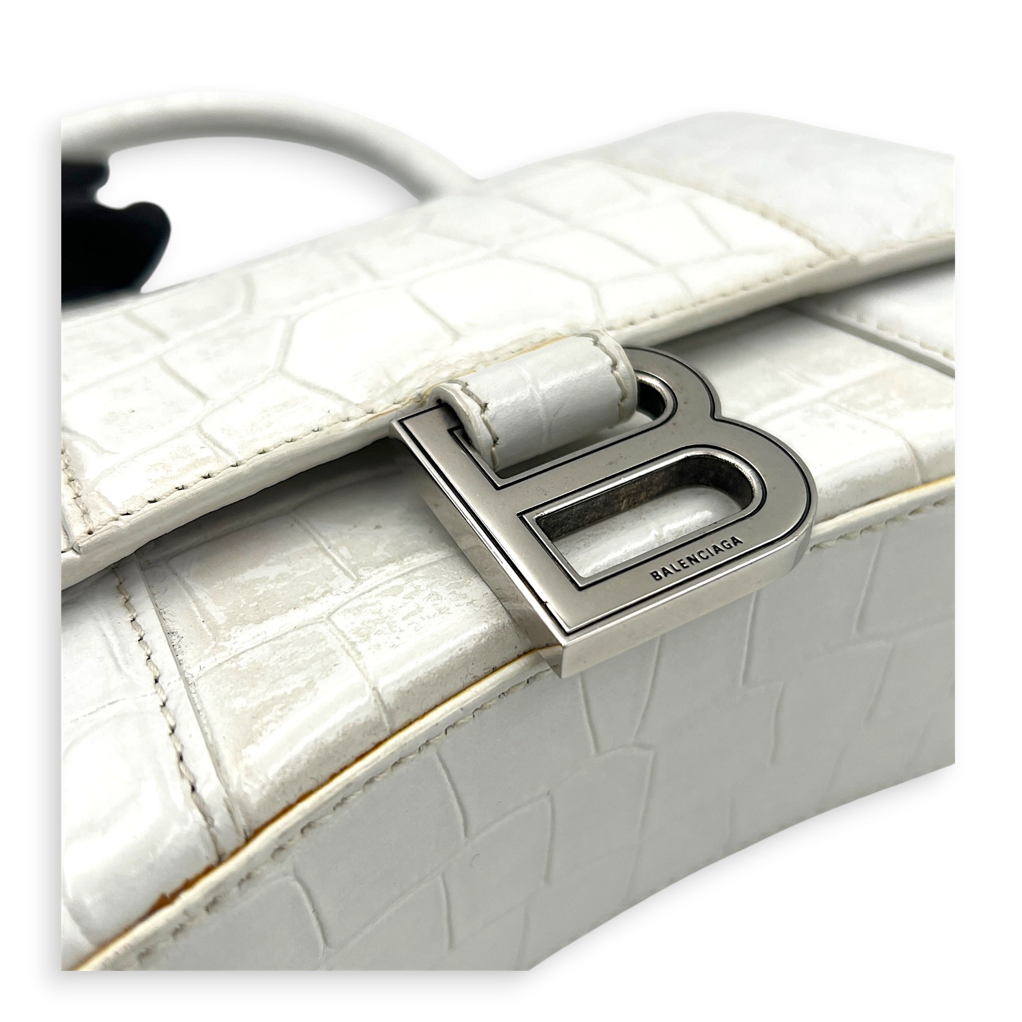 Hourglass Top Handle Bag White in Crocodile Embossed Calfskin, Silver hardware