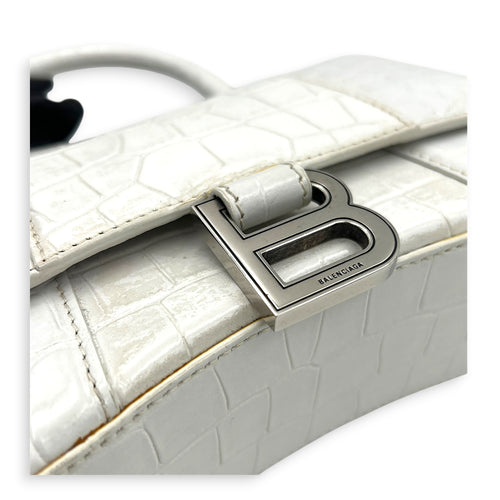 Hourglass Top Handle Bag White in Crocodile Embossed Calfskin, Silver hardware