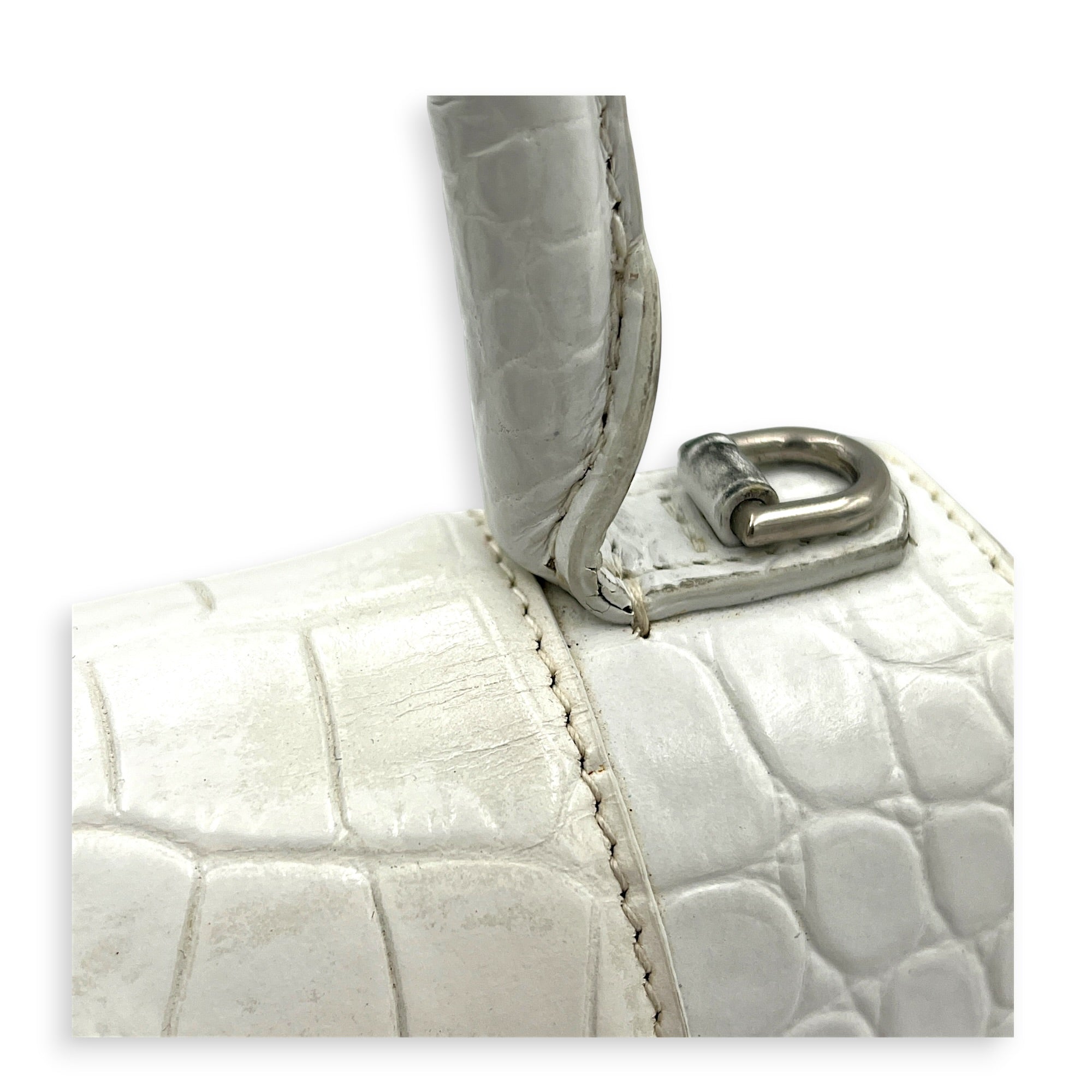 Hourglass Top Handle Bag White in Crocodile Embossed Calfskin, Silver hardware