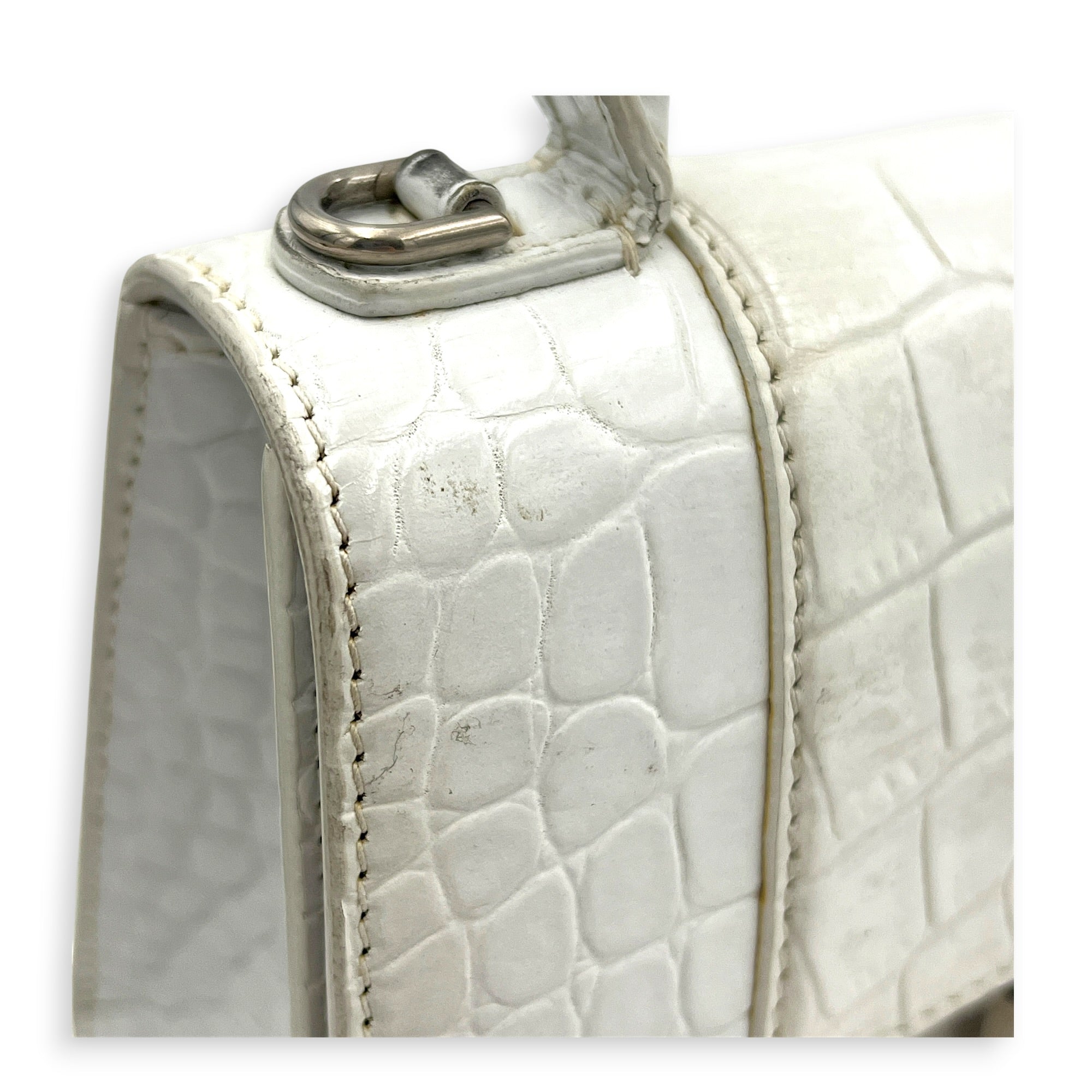 Hourglass Top Handle Bag White in Crocodile Embossed Calfskin, Silver hardware