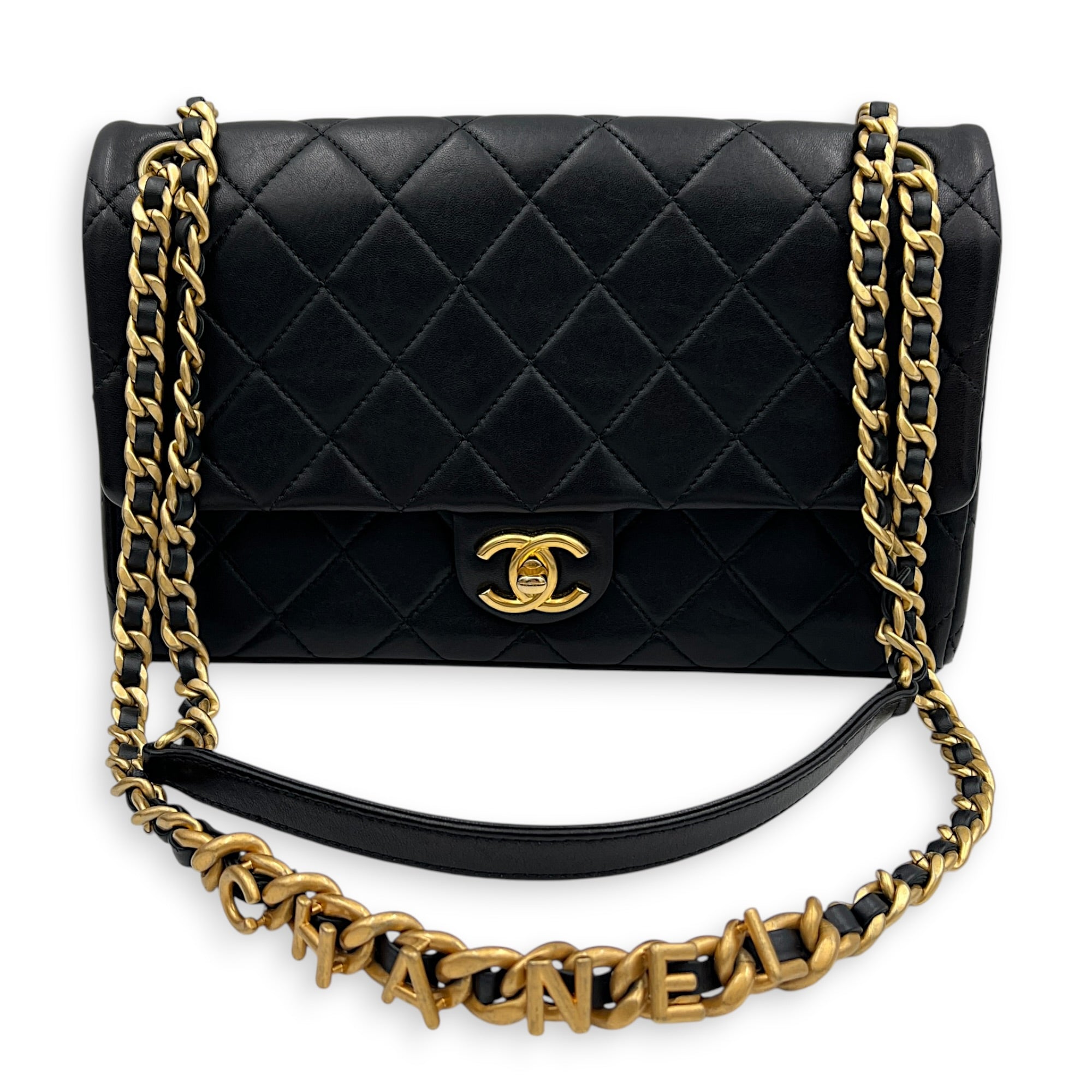 23P Seasonal Quilted Flap Black Shoulder Bag in Calfskin, Gold hardware
