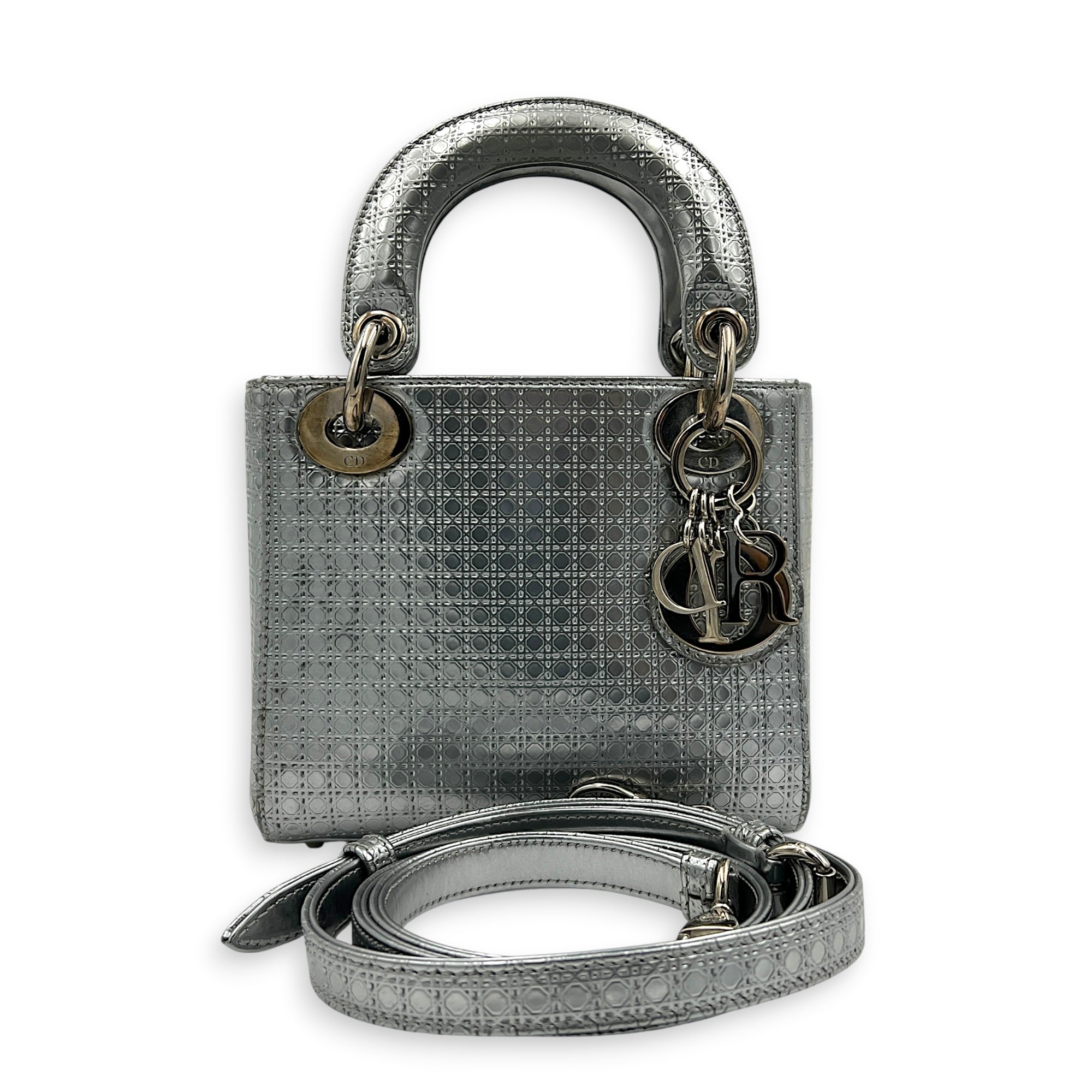 Lady Dior Mini Micro Cannage Top Handle Bag in Patent Leather, Silver hardware