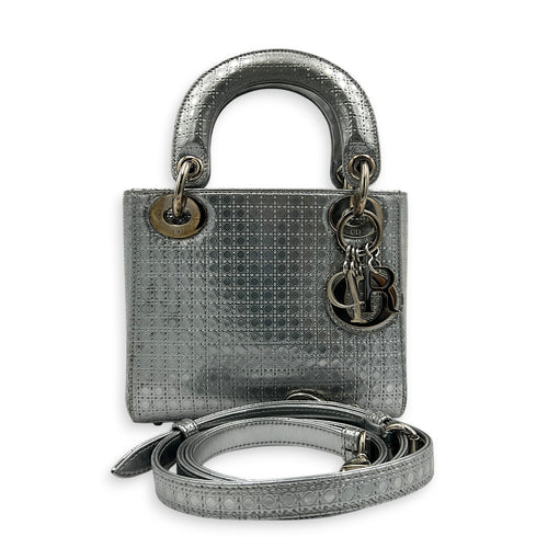 Lady Dior Mini Micro Cannage Top Handle Bag in Patent Leather, Silver hardware