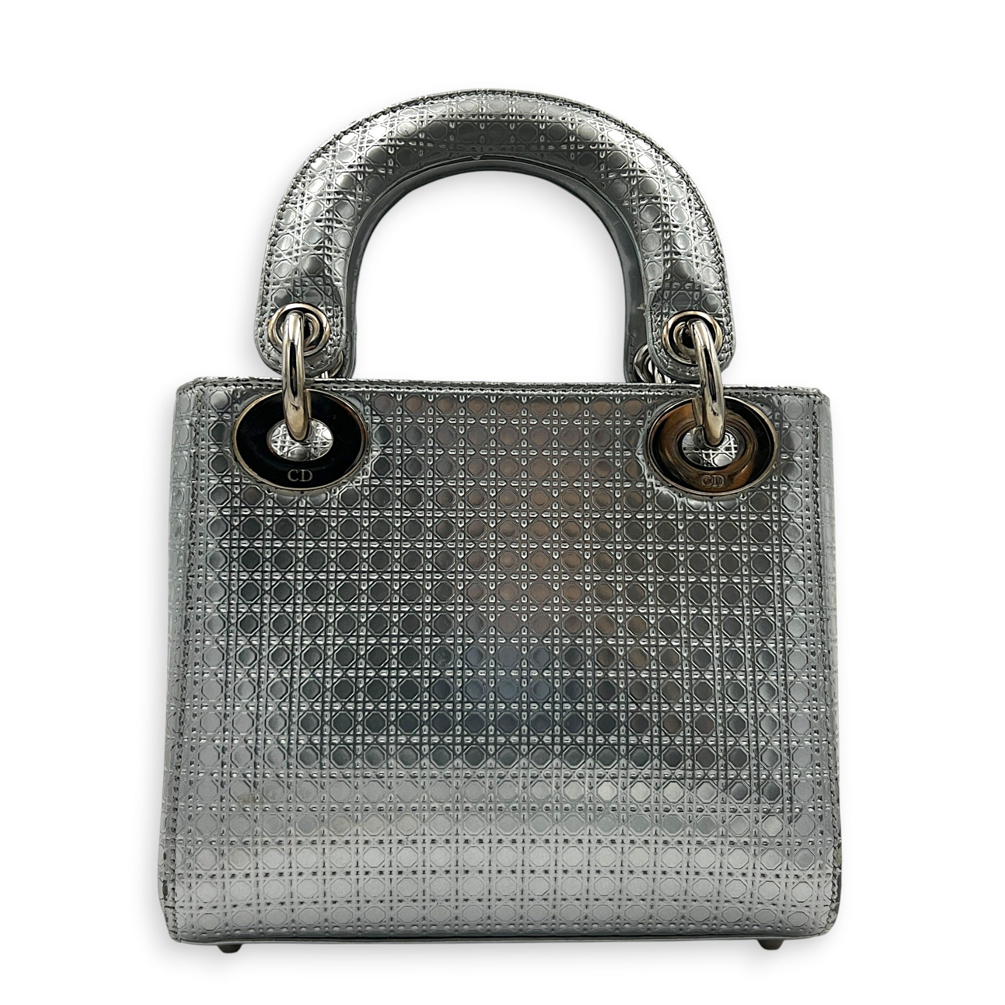 Lady Dior Mini Micro Cannage Top Handle Bag in Patent Leather, Silver hardware