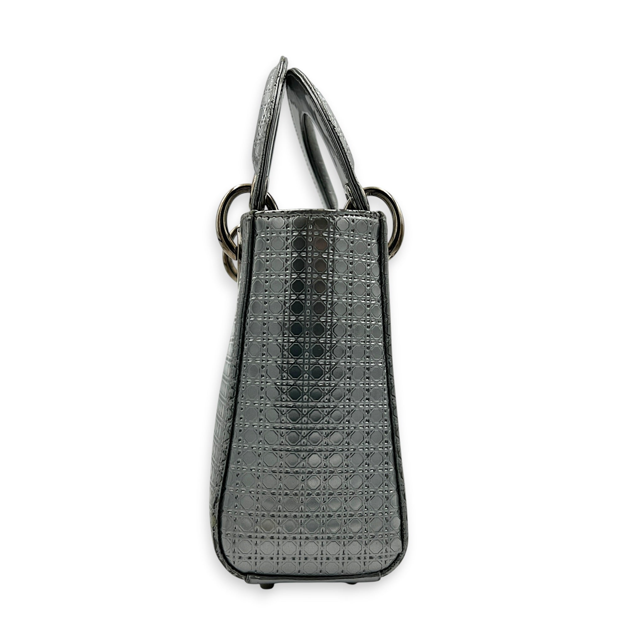 Lady Dior Mini Micro Cannage Top Handle Bag in Patent Leather, Silver hardware