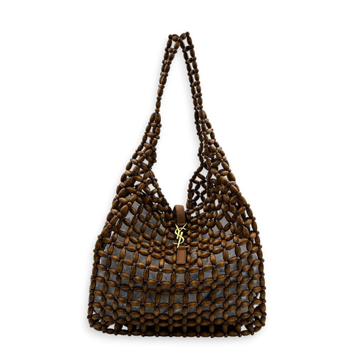 Le 5 a 7 Brown Tote Bag in Wood Beads, Gold hardware