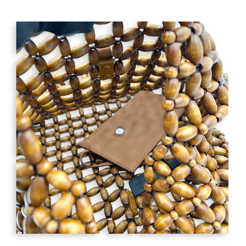 Le 5 a 7 Brown Tote Bag in Wood Beads, Gold hardware