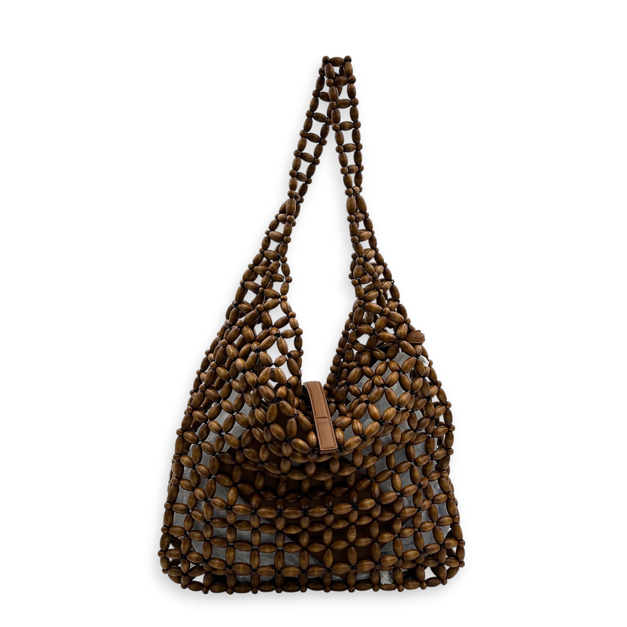 Le 5 a 7 Brown Tote Bag in Wood Beads, Gold hardware