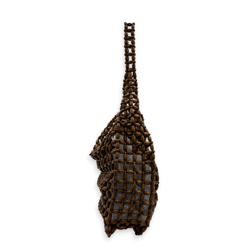Le 5 a 7 Brown Tote Bag in Wood Beads, Gold hardware