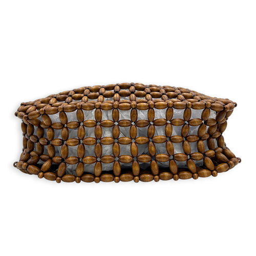 Le 5 a 7 Brown Tote Bag in Wood Beads, Gold hardware