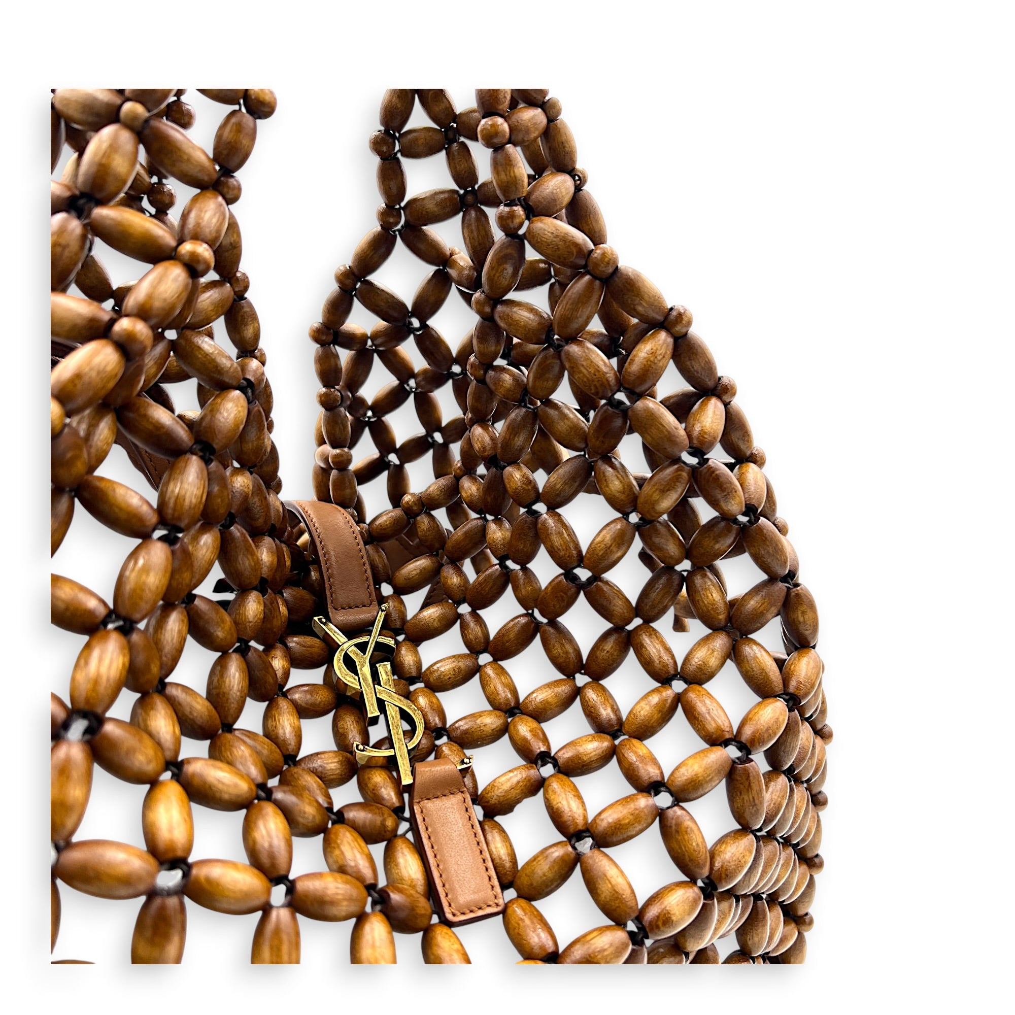 Le 5 a 7 Brown Tote Bag in Wood Beads, Gold hardware
