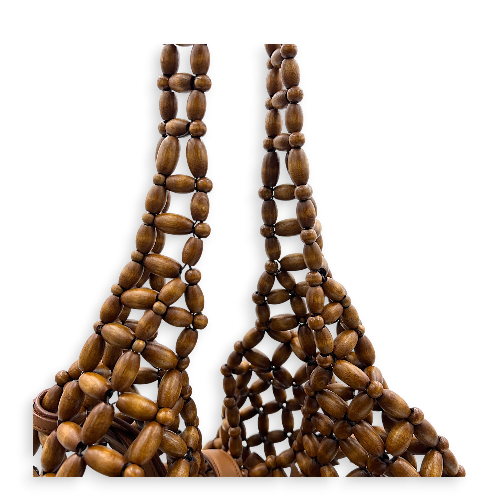 Le 5 a 7 Brown Tote Bag in Wood Beads, Gold hardware