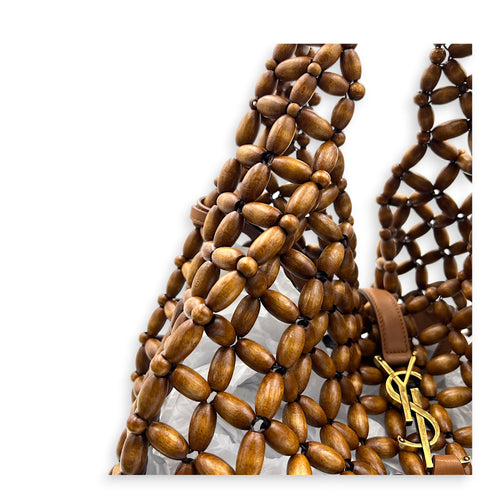 Le 5 a 7 Brown Tote Bag in Wood Beads, Gold hardware